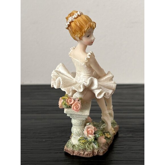Resin Ballerina Figurine Sitting on Bench Adorned w/Flowers White Tutu Slippers - Picture 4 of 8